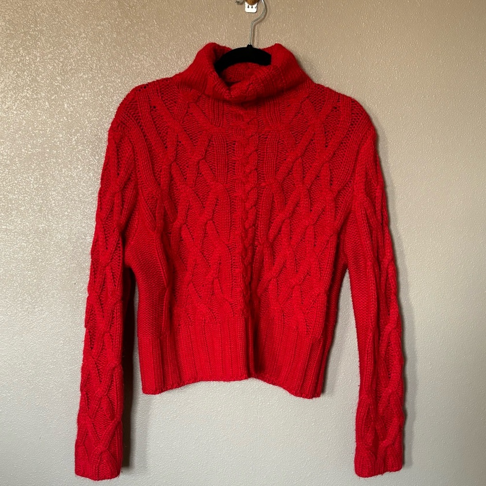 Vibrant Red Cable Knit Turtle Neck Sweater